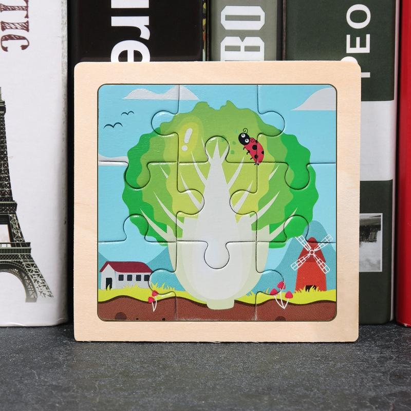 Holz 3-7 Jahre alt 9-teiliges Holzpuzzle, Tierpuzzle für Kinder, pädagogisches Früherziehungs-Cartoon-Flachpuzzle-Spielzeug