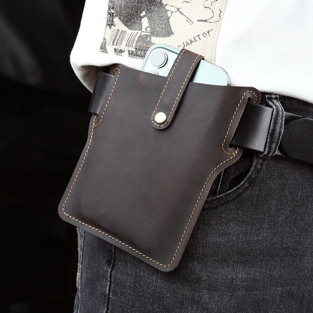 Bumbag Crazy Horse Leather Retro Phone Waist Bag Ultra-thin Men's Belt Hanging Outdoor Sports Tactical Phone Bags Anniversary Gifts