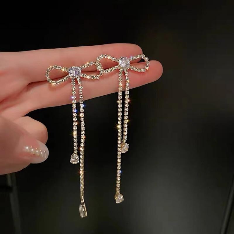 S925 Sterling Silver Rhinestone Bow Tassel Earrings - Trendy High-End Design for Women