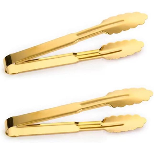 2-Pack 9 Inch Gold Serving Tongs Barbecue Food Tongs Buffet Tongs Non-slip & Easy Grip Stainless Steel Gold Kitchen Cooking Tongs, Salad, Bread, Ice,