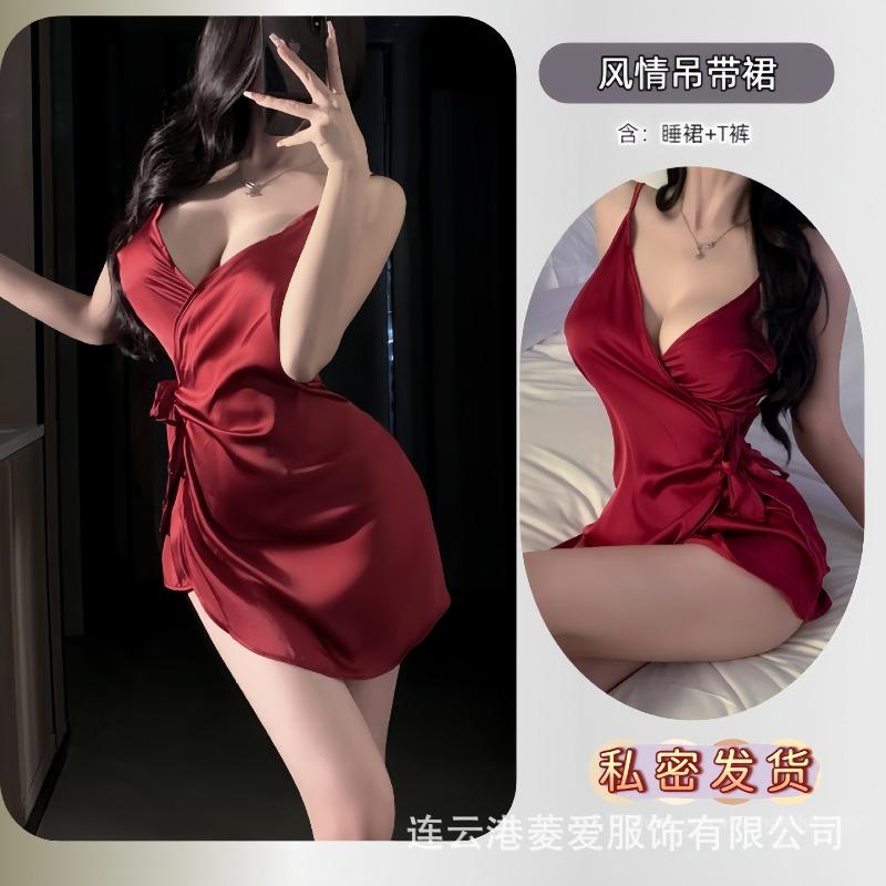 Sexy lingerie satin deep V sexy pajamas open lapel lace-up flirting nightgown pure desire silky suspender set S