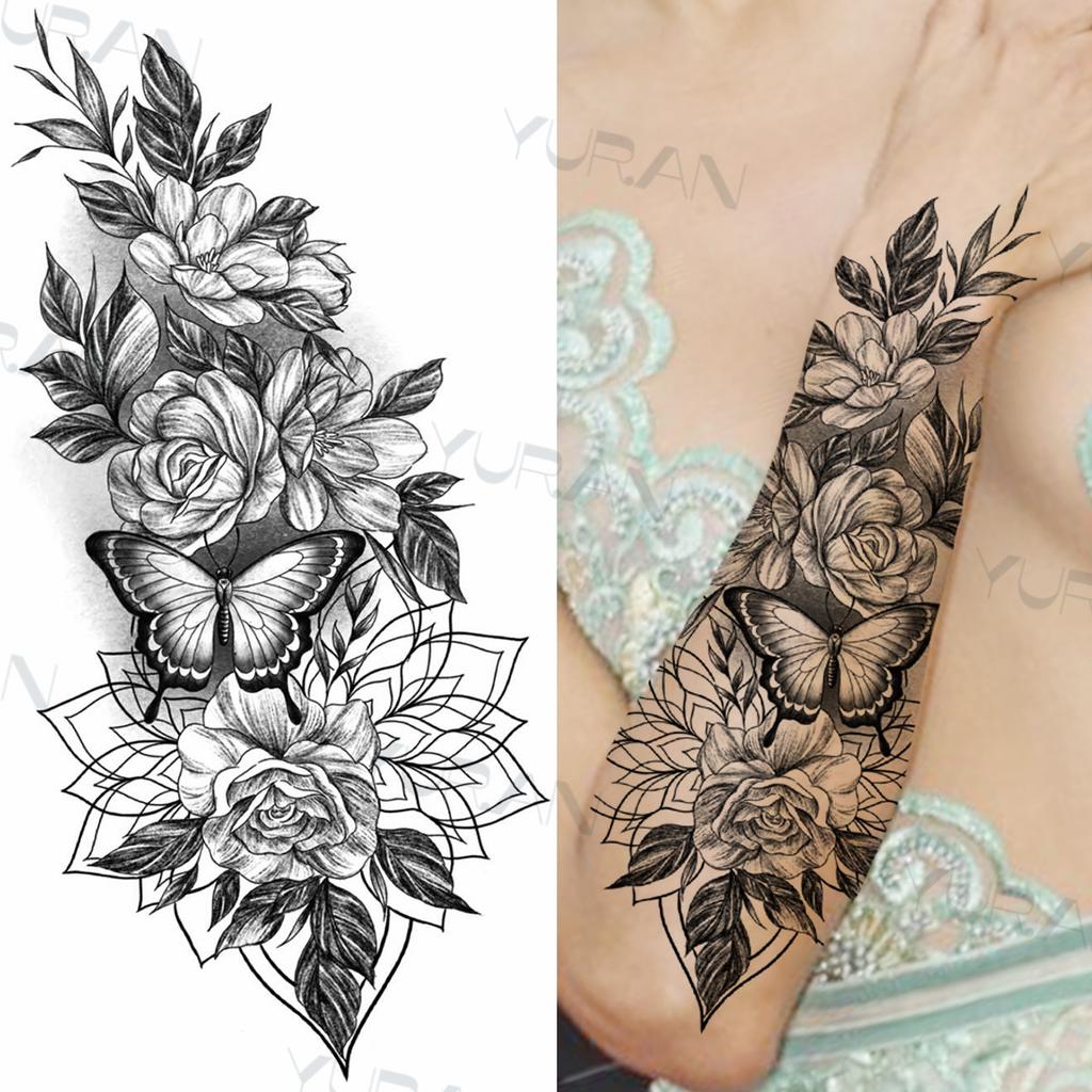 Zwarte Grote Slang Bloem Fake Tattoo Sticker Voor Vrouwen Dot Rose Pioen Tijdelijke Tattoos DIY Water Transfer Tatoos Meisjes