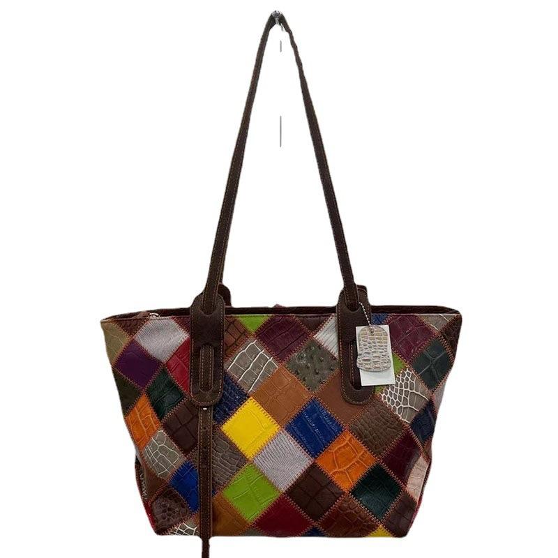 Bag Sheepskin Rhombus Color Matching Shoulder Bag Women'S Bag Shopping Bag Large Capacity Tote Bag