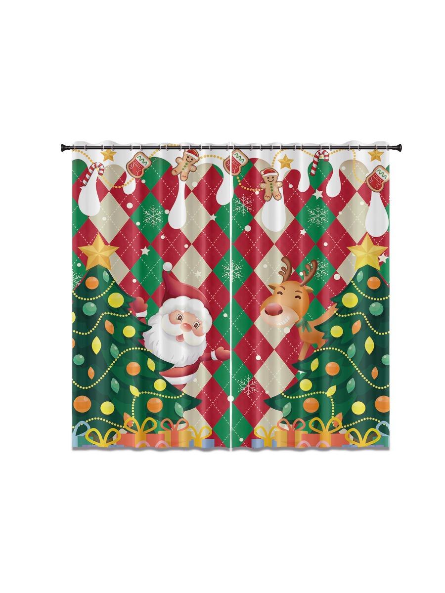 

Set Of 2 Cartoon Santa Claus Reindeer Print Curtain Insulation Living Room Holiday Decoration Multiple Sizes Blackout Polyester Ideal For W100*H70(CM)-Rod Pocket&2PCS