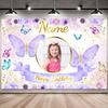 Gepersonaliseerde Foto Naam Verjaardag Achtergrond Roze Vlinder en Bloemen Achtergrond Banner Gepersonaliseerd voor Feest Muur Decoratie Glitter
