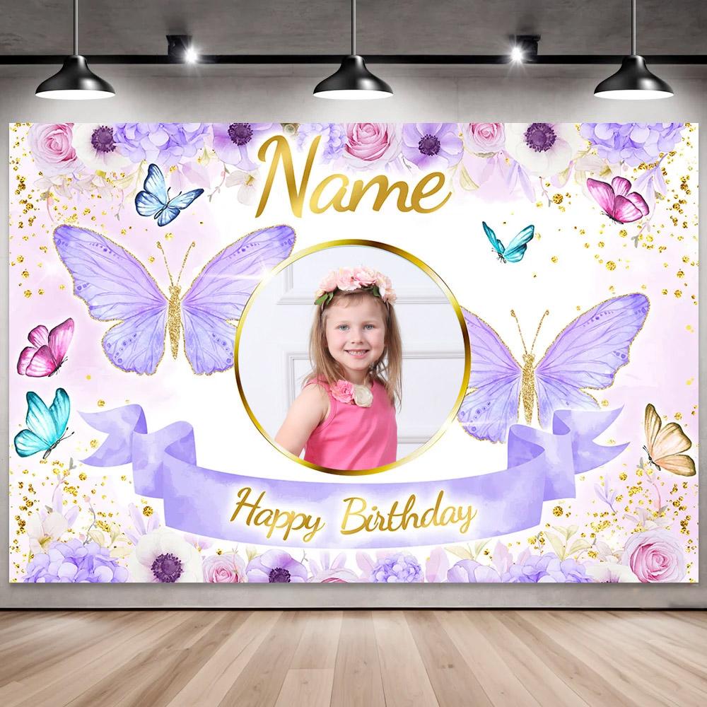 Sfondo Personalizzato Foto Nome Compleanno Farfalla Rosa e Sfondo Floreale Banner Personalizzato per Decorazione Parete Festa Glitter