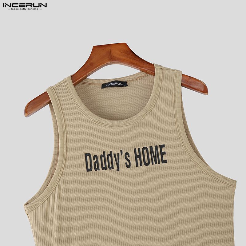 INCERUN Summer Men Sleeveless Print Ribbed Casual Sport Tank Tops Vest