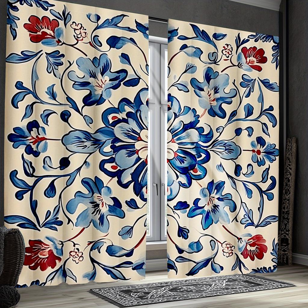Single Panel Navy Blue Red Floral Print Curtains Polyester Fabric Suitable Living Room Bedroom Decoration Curtain Machine Washable Ideal For Great
