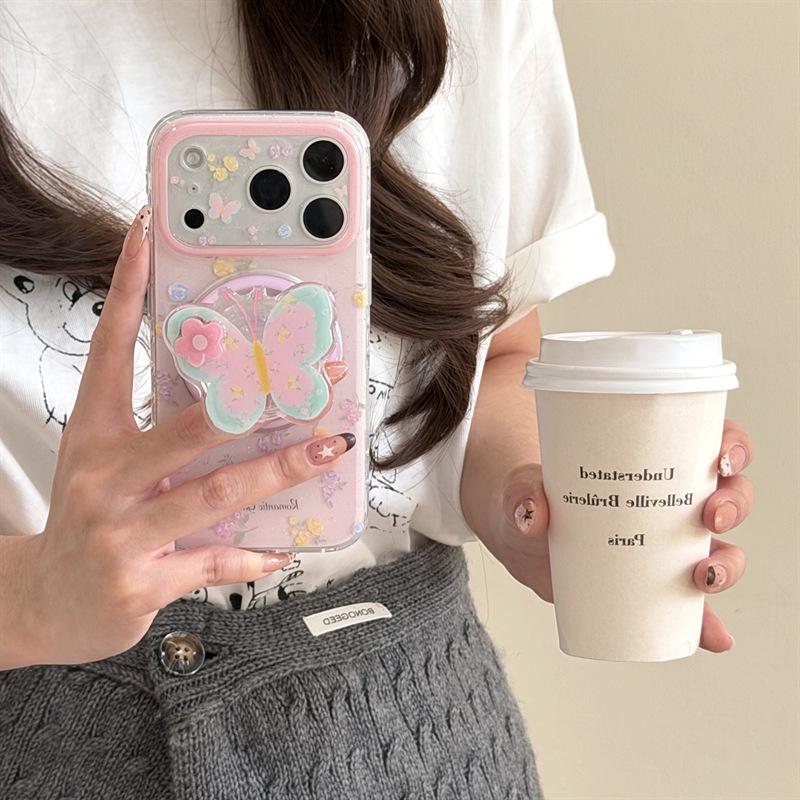 Colorful Floral Butterfly Magnetic Stand Case for iPhone 14/15/16 Pro Max - Girly Design