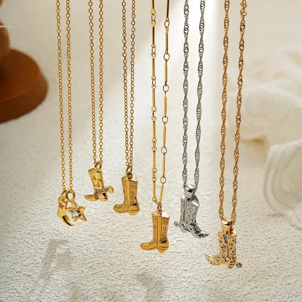 Vintage Punk Gold Color Cowboy Boots Pendant Star Necklace for Women Shiny Zircon CZ Rust Proof Cool Cowgirl Neck Collar Choker
