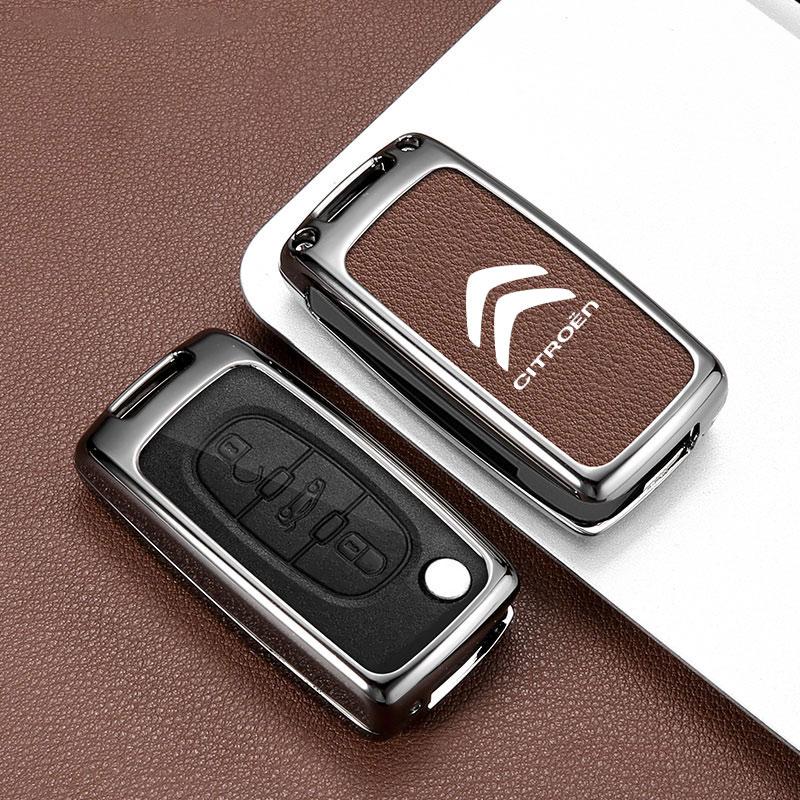AAMH1 Zinc Alloy Leather Car Flip Remote Key Case Cover Protector Shell Durable For Citroen C2 C3 C4 C5 C6 Xsara Berlingo Accessories