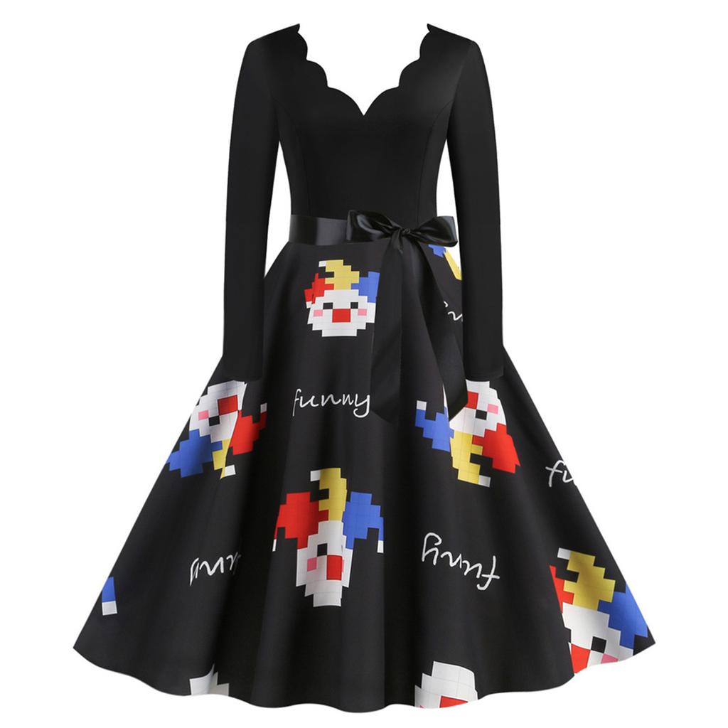 Women's Fashion Print Long Sleeve V-Neck Casual Halloween Hem Dress