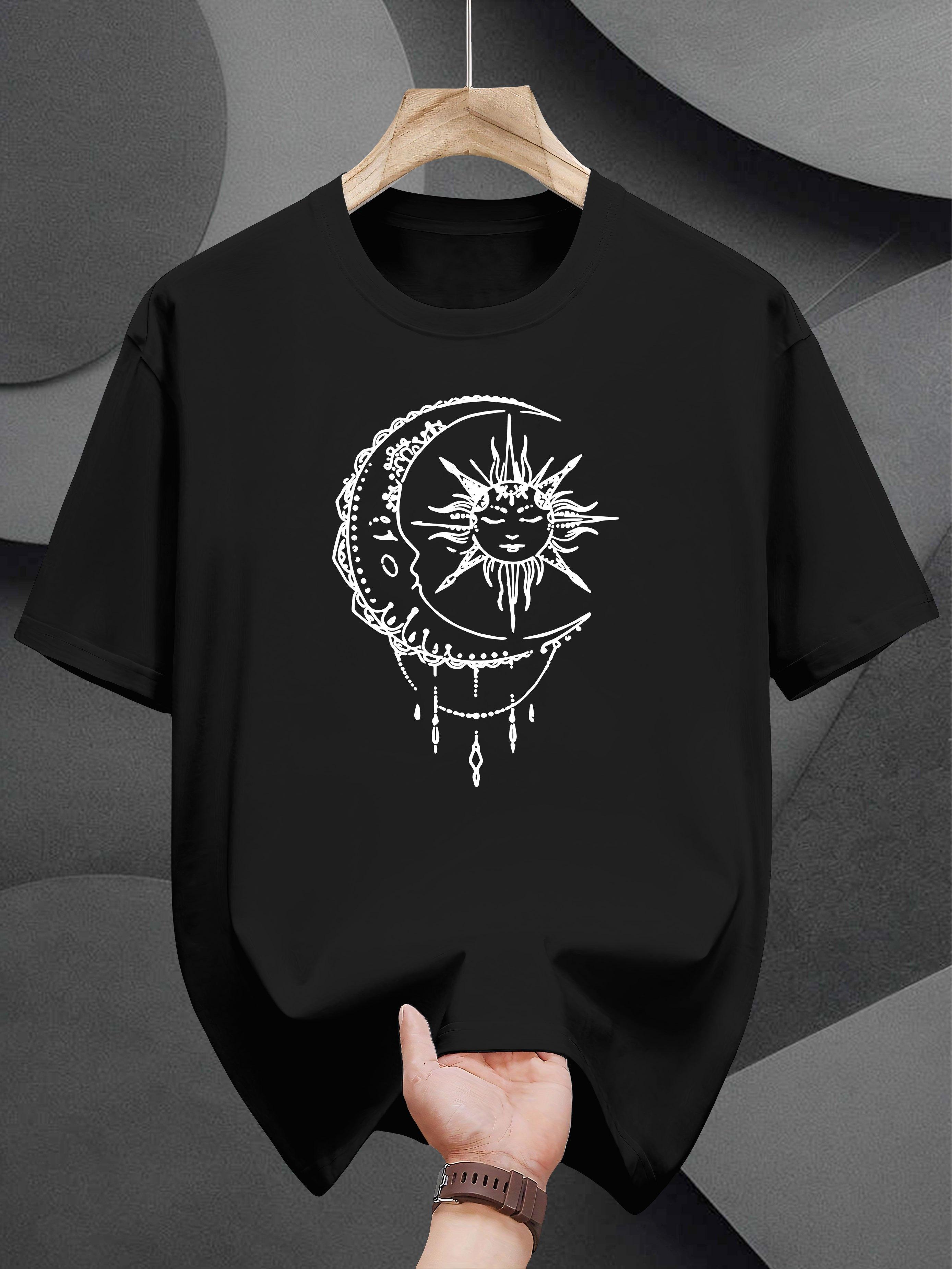 T-shirt with Artistic Sun & Moon Graphic Print - Black Casual Summer Tee L