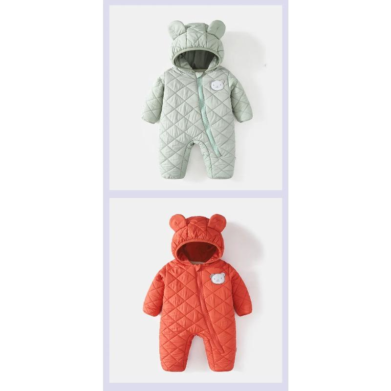 Winter Baby Bodysuit Solid Bear Ear Hooded Thickened Warm Newborn Jumpsuit Soft Toddler One-Piece Outfit