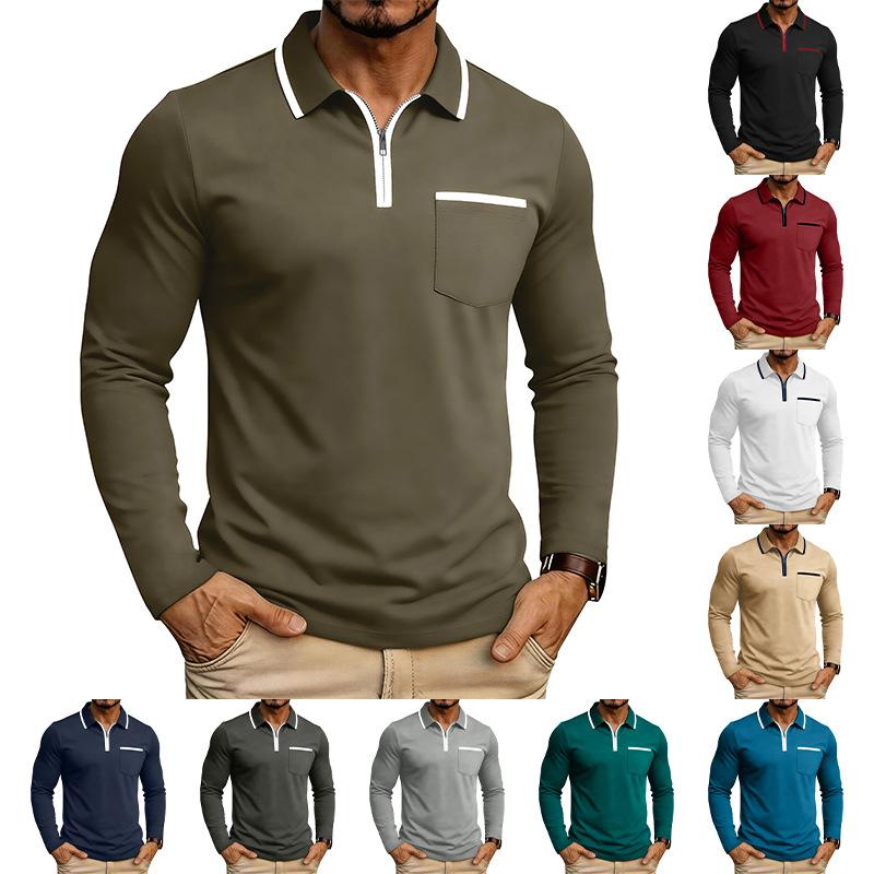 Mens Long Sleeve Polo Shirt Color Block Casual Top