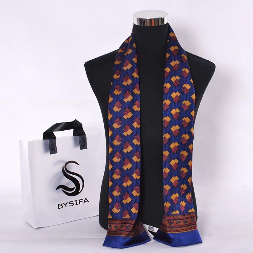 [BYSIFA] Brand Men Silk Scarf Muffler Winter Fashion Accessory 100% Pure Silk Male Plaid Long Scarves Cravat Navy Blue 160*26cm