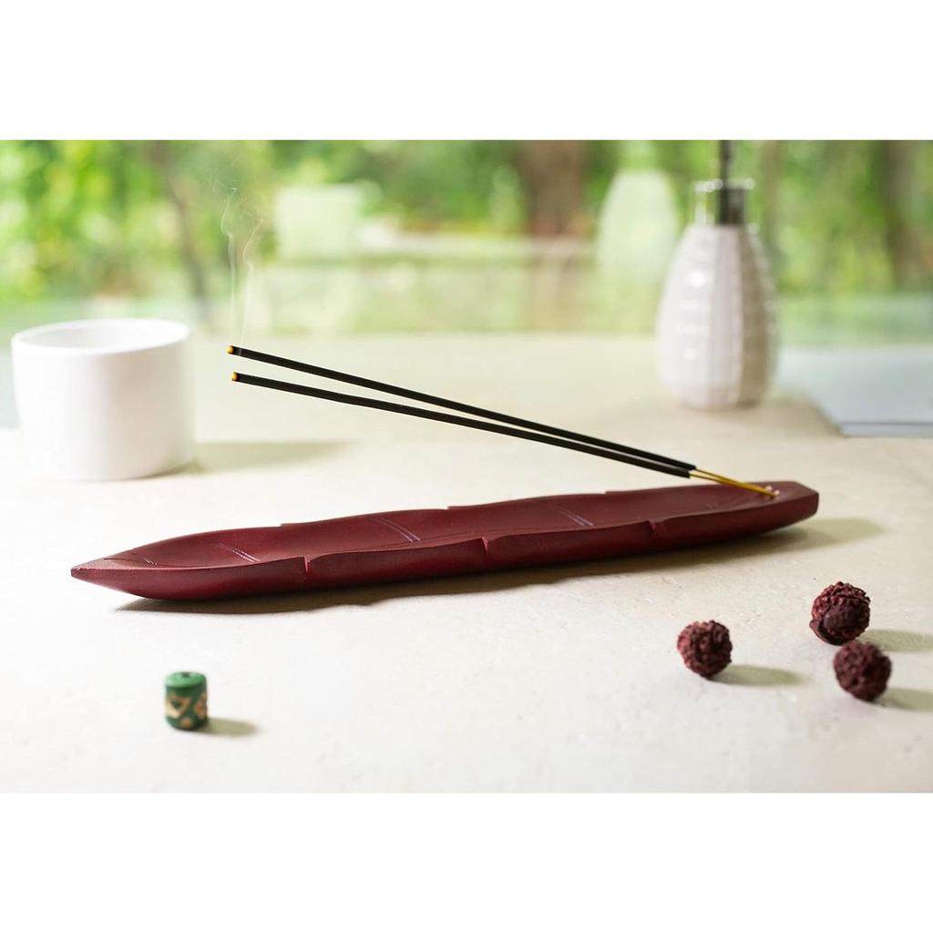 Soulveda Cycle Pure Wooden Agarbatti Stand with Ash Catcher Cherry Red Leaf Shape Holder