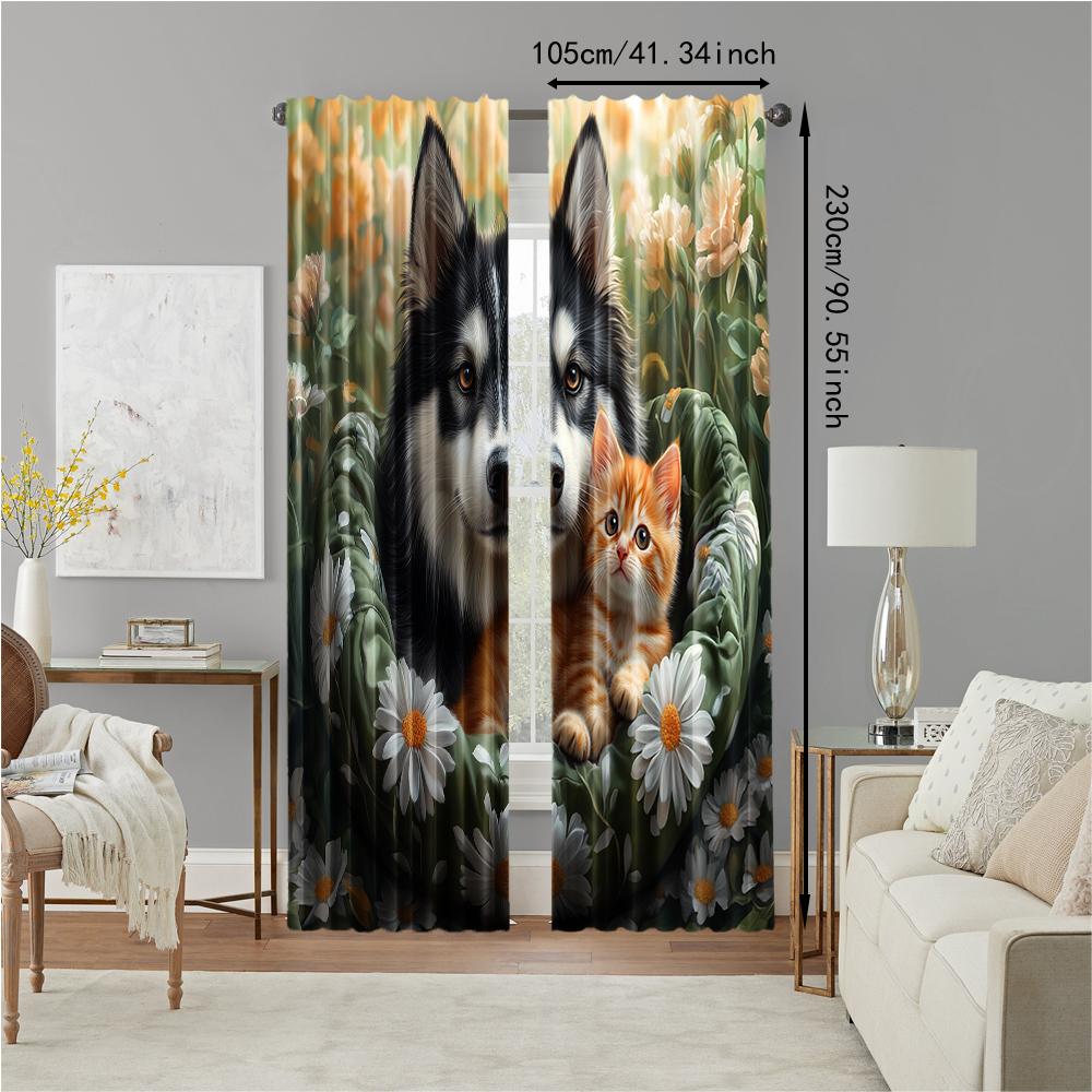 2 Pcs   Versatile Polyester Transparent Curtains for Home Decoration Cute Dog with Cat for Use In Bedrooms and Living Rooms