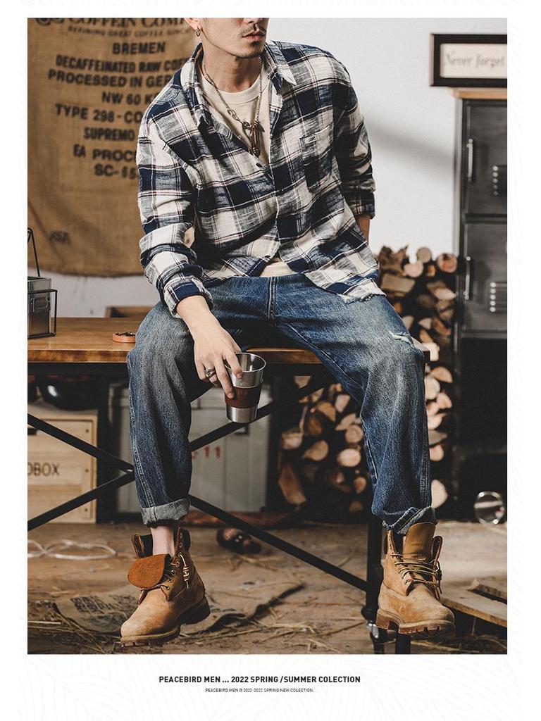 Men's Retro Loose-Fit Plaid Shirt: Heavy, Long Sleeve, Trendy Japanese Style Autumn Jacket