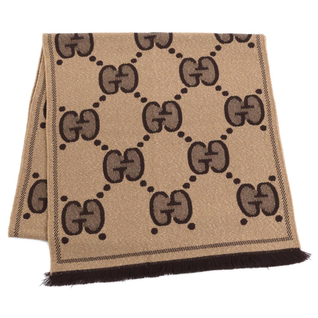 GUCCI [Excellent Condition] 598993 3GC15 GG Glitter Jacquard Fringe Scarf 45 x 76.8" Beige / dark brownUsed