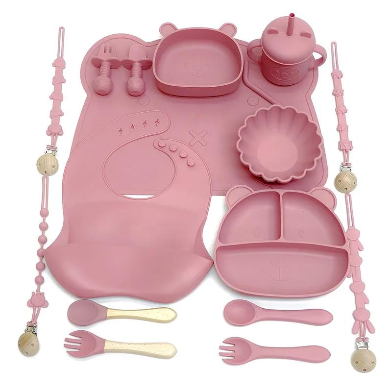 Set di stoviglie per bambini set di stoviglie in silicone con ventose set di stoviglie a scomparti anti-caduta per lo svezzamento del bambino
