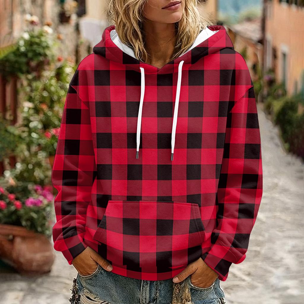 Women's Plaid Print Hooded Sweatshirt with Pockets And, Long Sleeve Casual Top