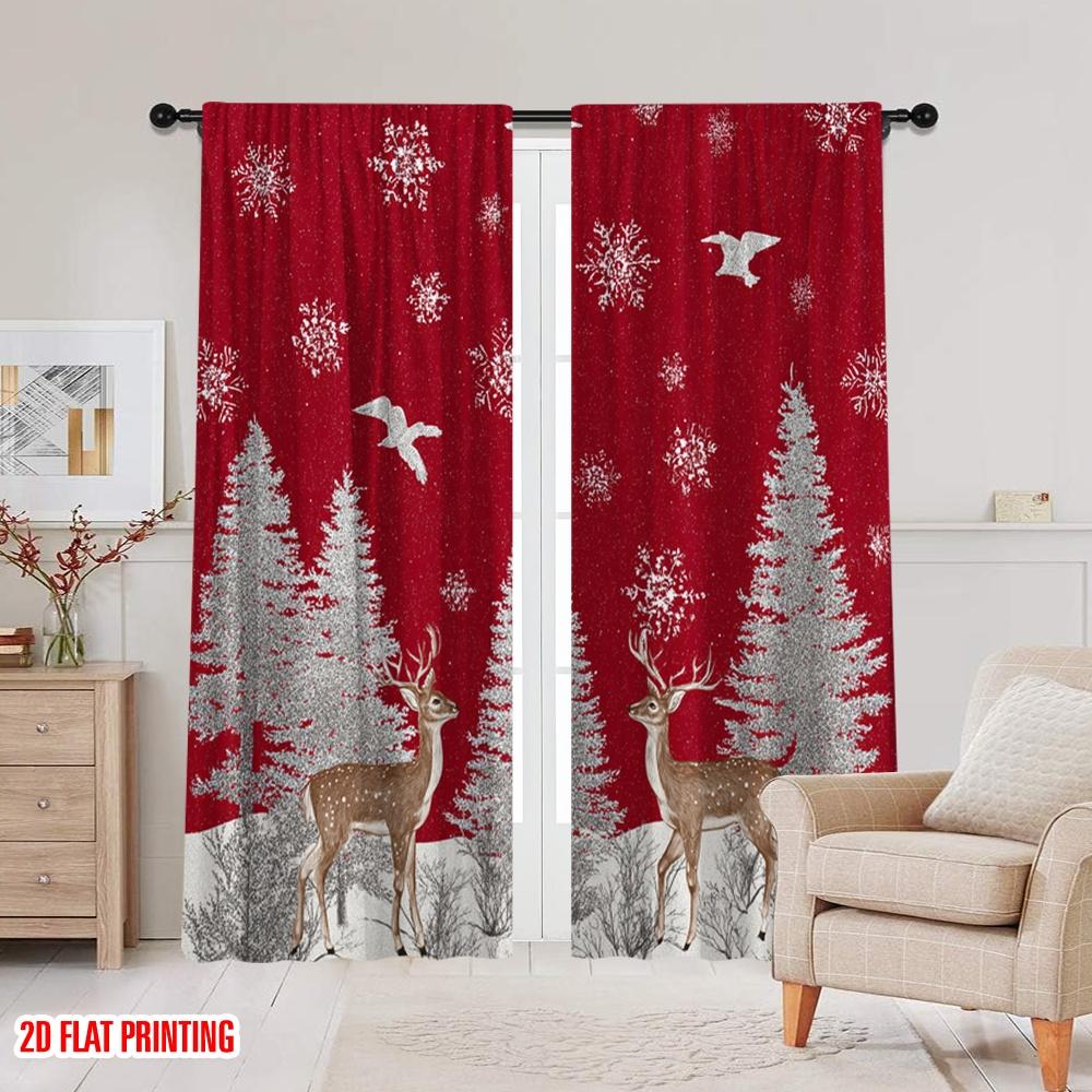 2pcs,2D Plane Printing Print Curtains Reindeer and Snow Durable 100% Polyester Fabric (without Rod) All Seasons Use for Bedroom,