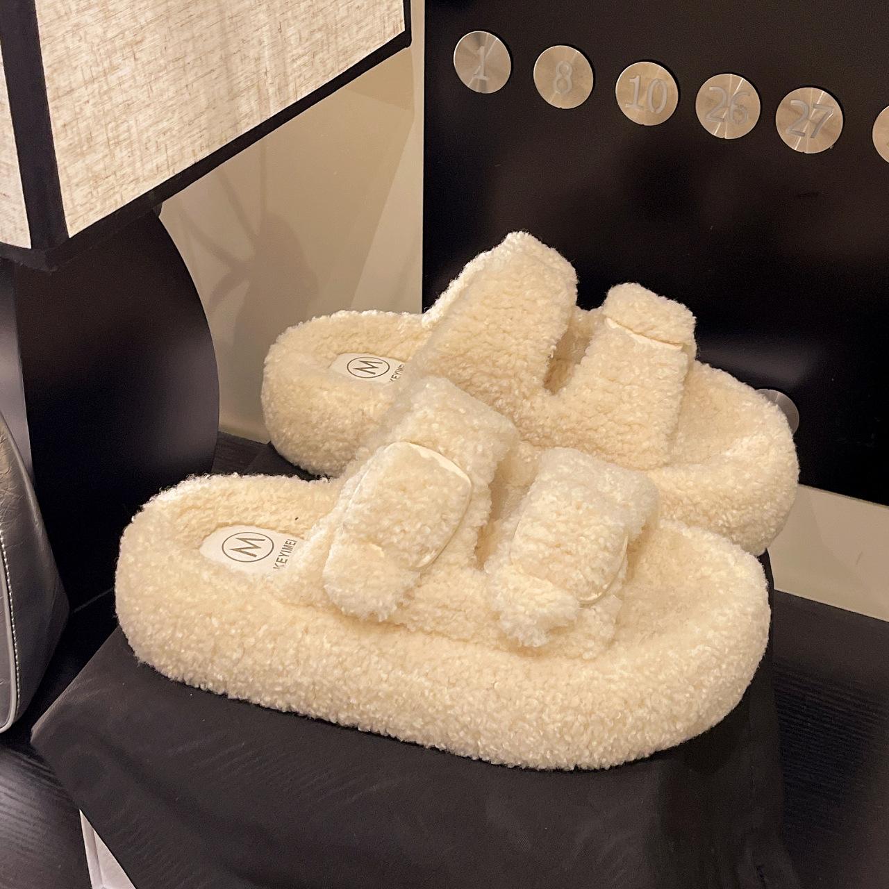 

White Birkenstock thick-soled fluffy slippers for women s outer wear, piled to keep warm and increase height, autumn and winter 2025 new cotton sli 35