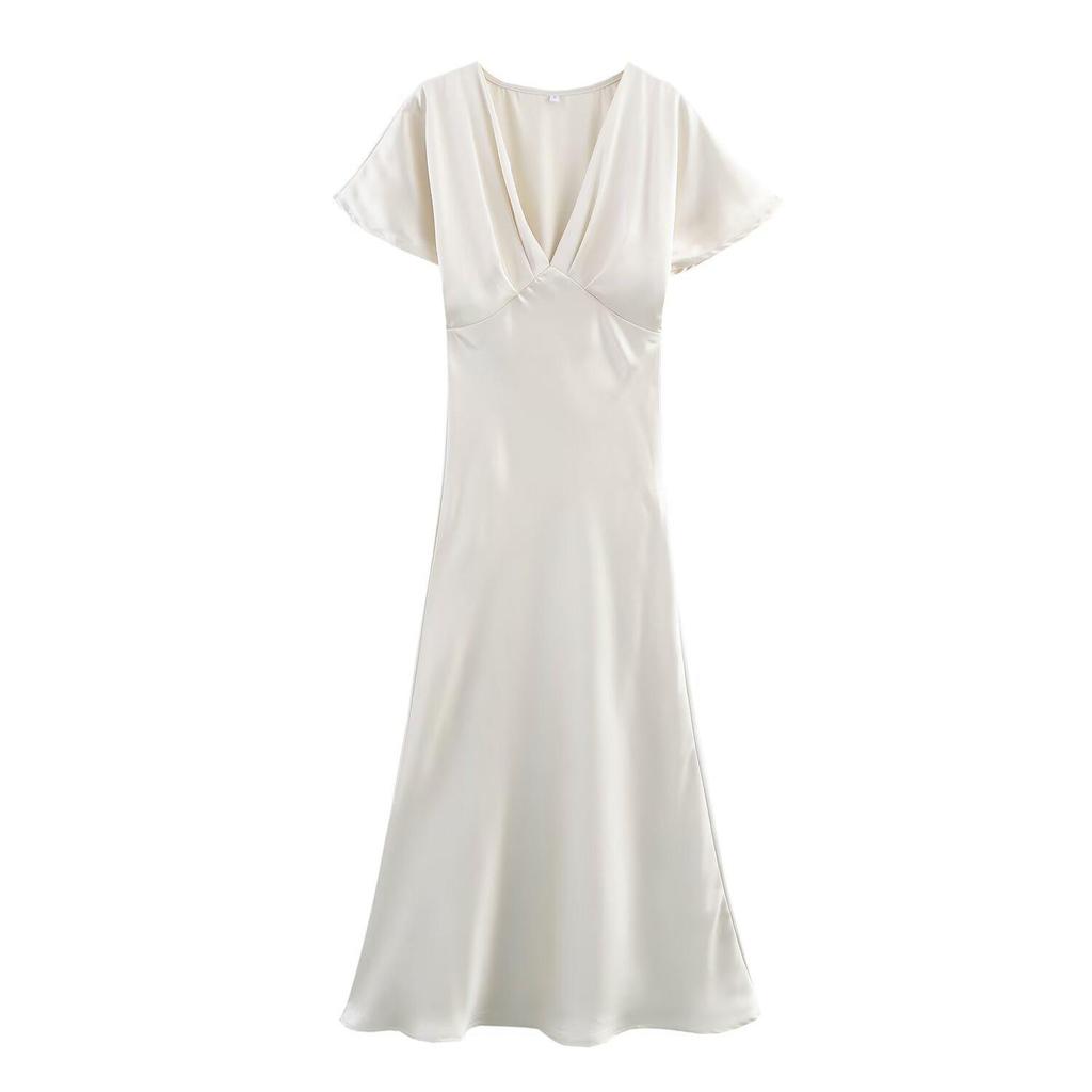 2025 Spring European & American Style Women's Slimming Silk Satin Midi Dress
