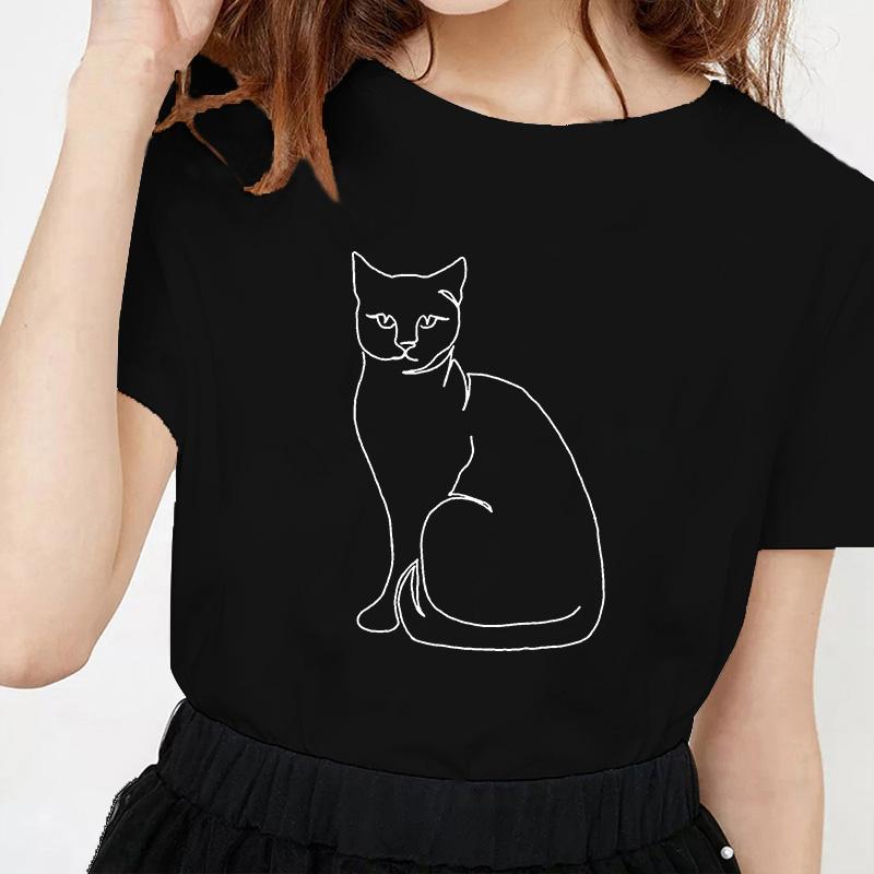 Kawaii Cat Line Drawing Minimalist Print T Shirt Female Harajuku Aesthetic Streetwear Summer Clothes for Women Camisa Masculina