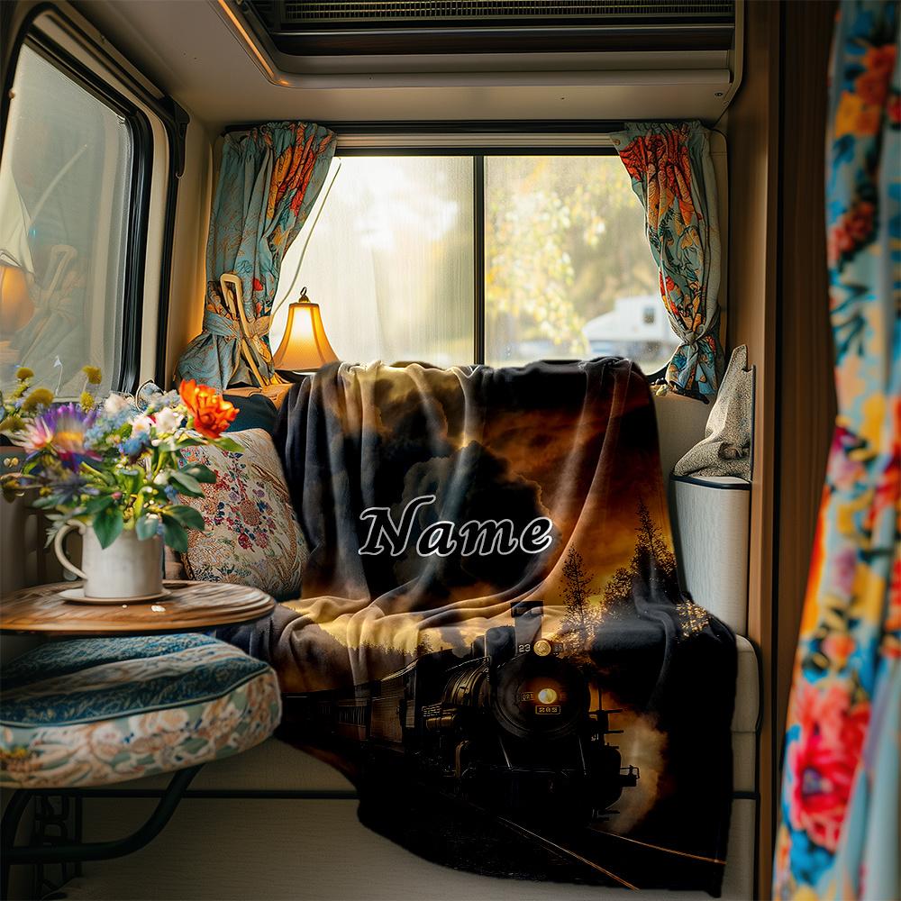 Steam Locomotive Journey Through Forest At Sunset Blanketcustomizable With Your Namecomfortable And Stylish Perfect For Travel Beds Chairs Offices