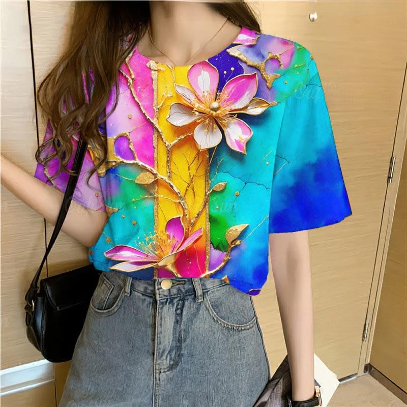 Summer Round Neck 3D Colorful Flowers Pattern Print Top Fashionable Casual Short Sleeved Women's T-shirts