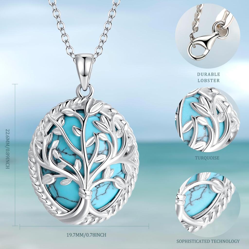FANCIME Turquoise Tree of Life Large Hawaiian S925 Perfect Gift for Gift Wrapping Included Women's Necklace, Jewelry, Silver, Mother's Day, Christmas,