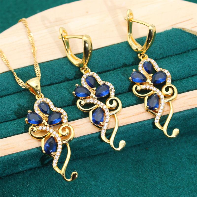 European and N Retro Creative Design Blue Crystal Personality High Feeling Light Luxury Earrings Necklace Jewelry Female Set