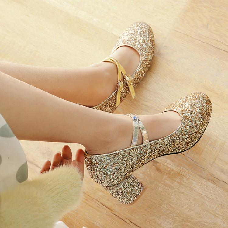 Velikost 33-43 Dámské červené třpytivé zlaté boty na vysokém podpatku, Mary Jane lodičky s dvojitým přezkovým páskem, společenské svatební