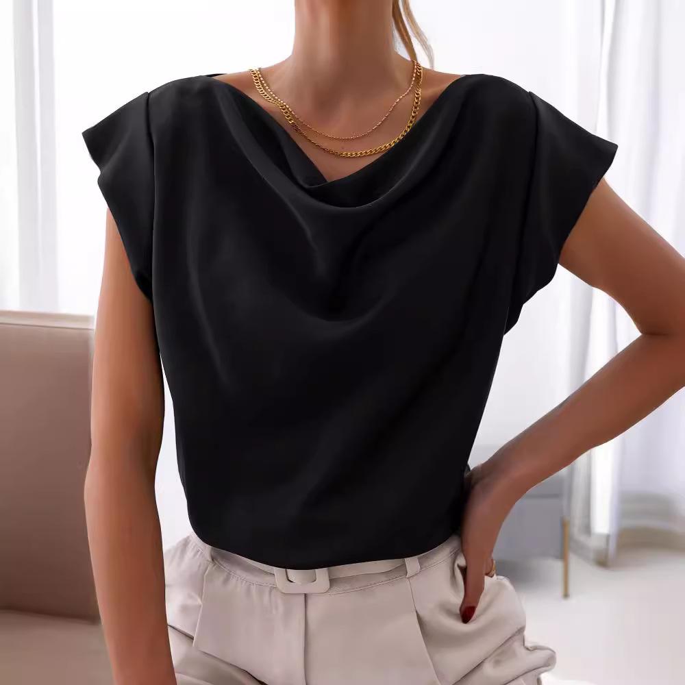 BITCED Summer Solid Colour Simple Short Sleeve Swing Collar Ladies Shirt Top Women