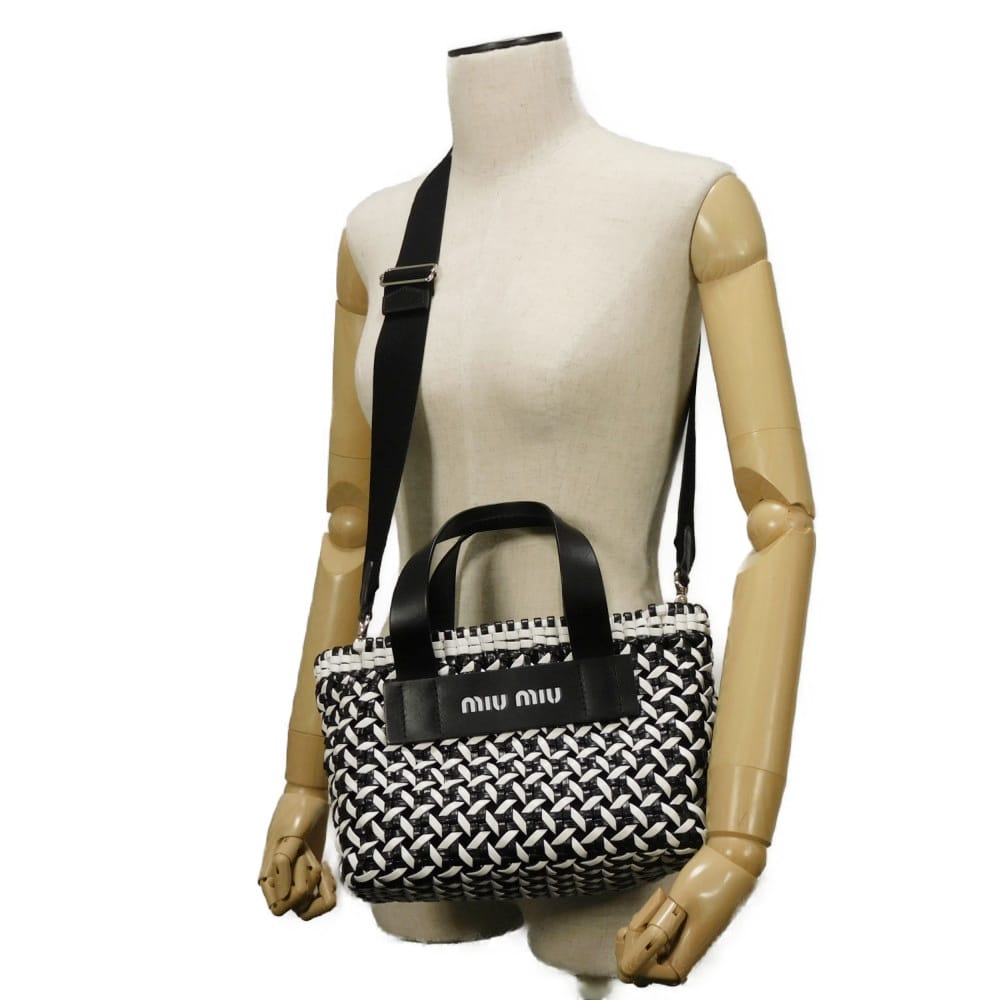 Used Intreccio Woven Tote Bag (12166), 5BA077 2D3N F0967 7922, White, 2-Way Shoulder Bag with Embossed Logo, Black,