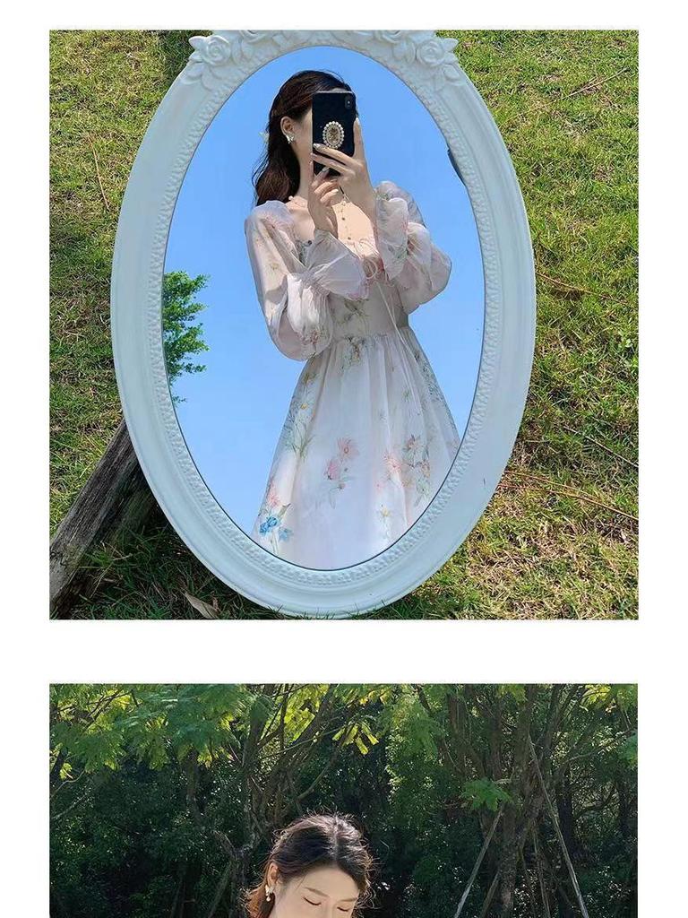 2025 Floral Chiffon Tea Dress: Sweet Long Sleeve French Princess Style