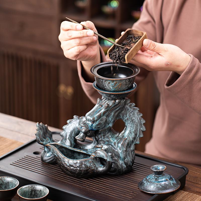 1 Set of Rotating Teapot, Ceramic Kiln Turns Into Phoenix and Auspicious Teapot Set, Semi-Automatic Tea Set, Lazy Kung