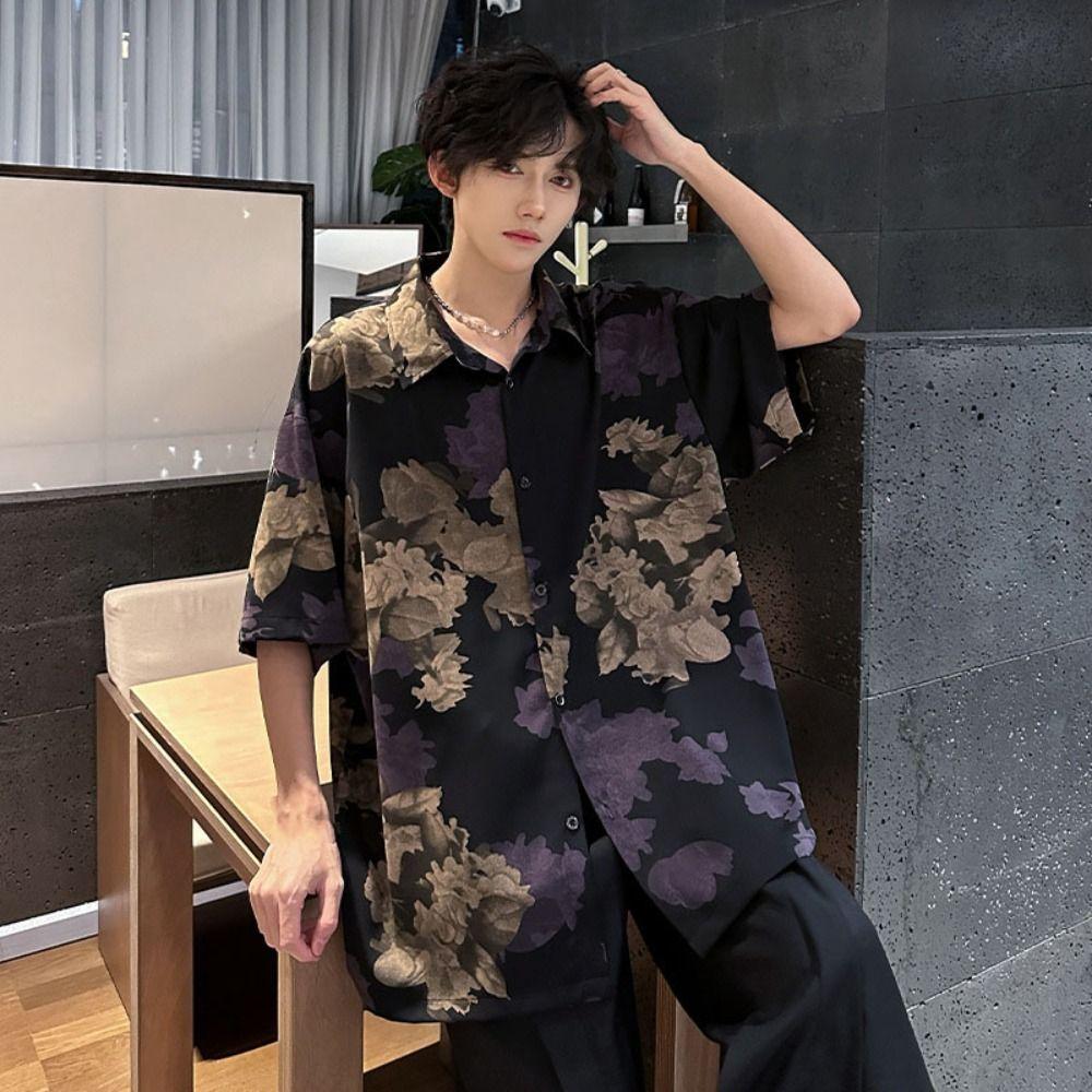 Loose Beachwear Shirts Men V-neck Short Sleeve Shirts All Match Women Flower Blouse Summer