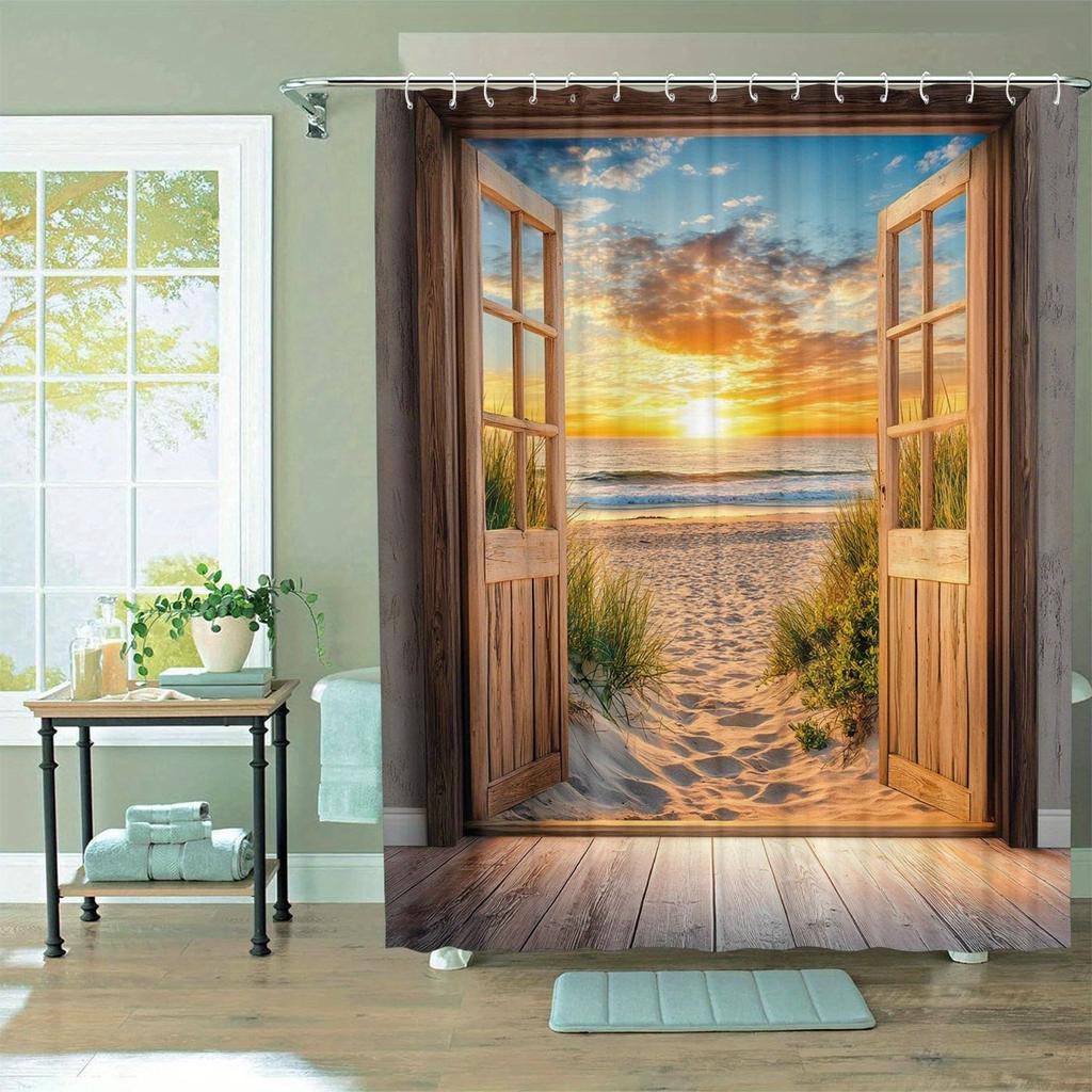 Attractive Beach Pattern Washable Dirt-Resistant Shower Curtain Shower Head Waterproof Polyester Bath Curtain For Home Decor