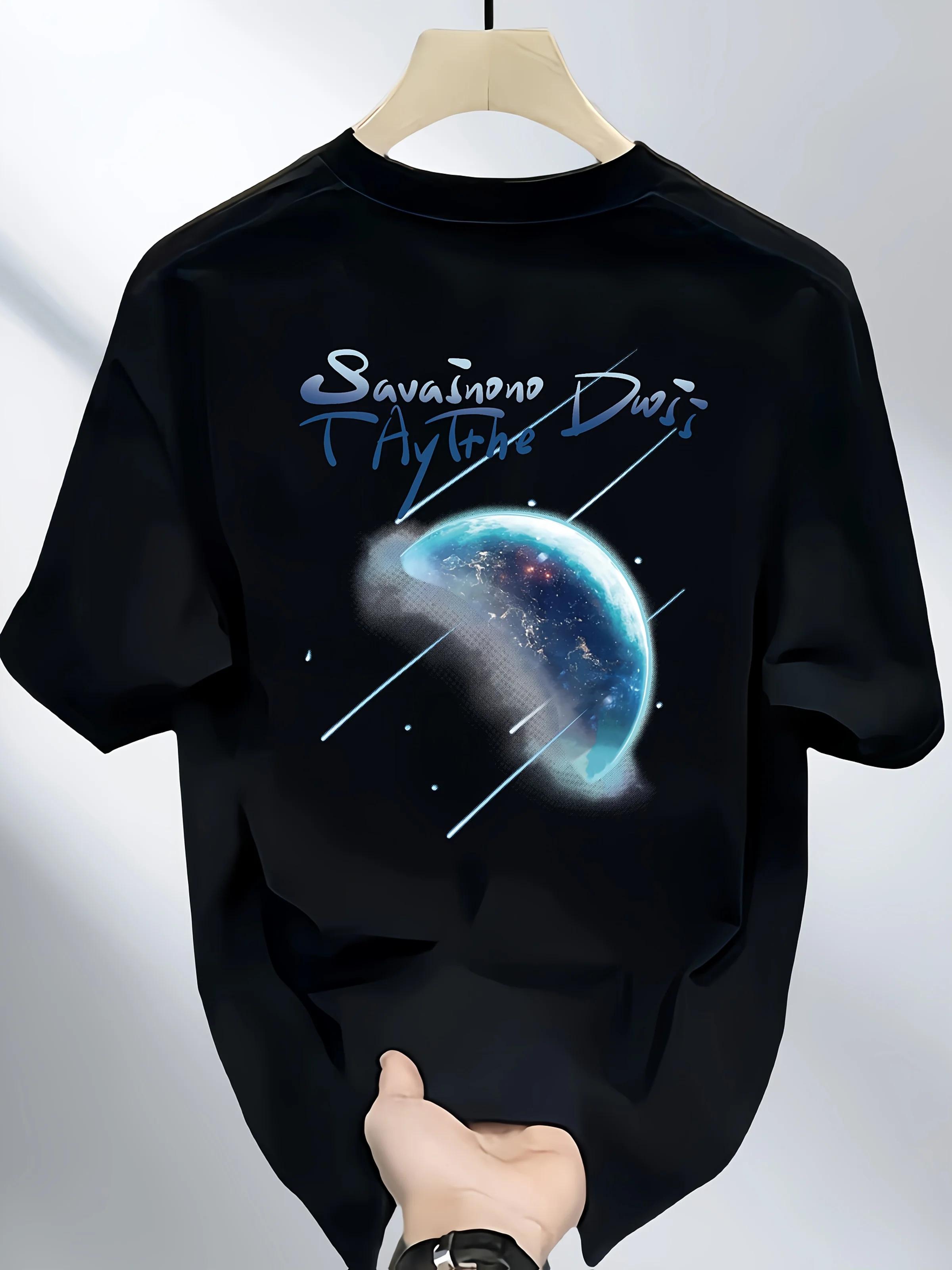 100% Cotton Men s Aesthetic T-shirt Galaxy Planet & Letter Print Summer Casual Streetwear S разноцветный
