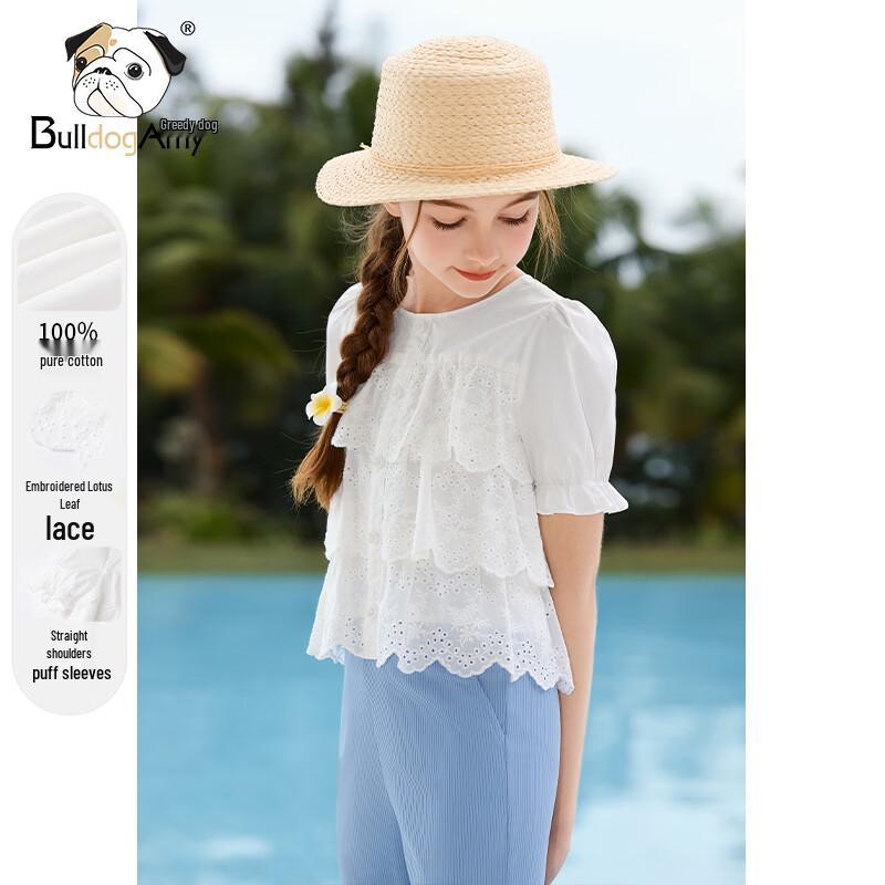 CHANZUIGOU Girls White Embroidered Lace Short-Sleeve Cotton Shirt 120