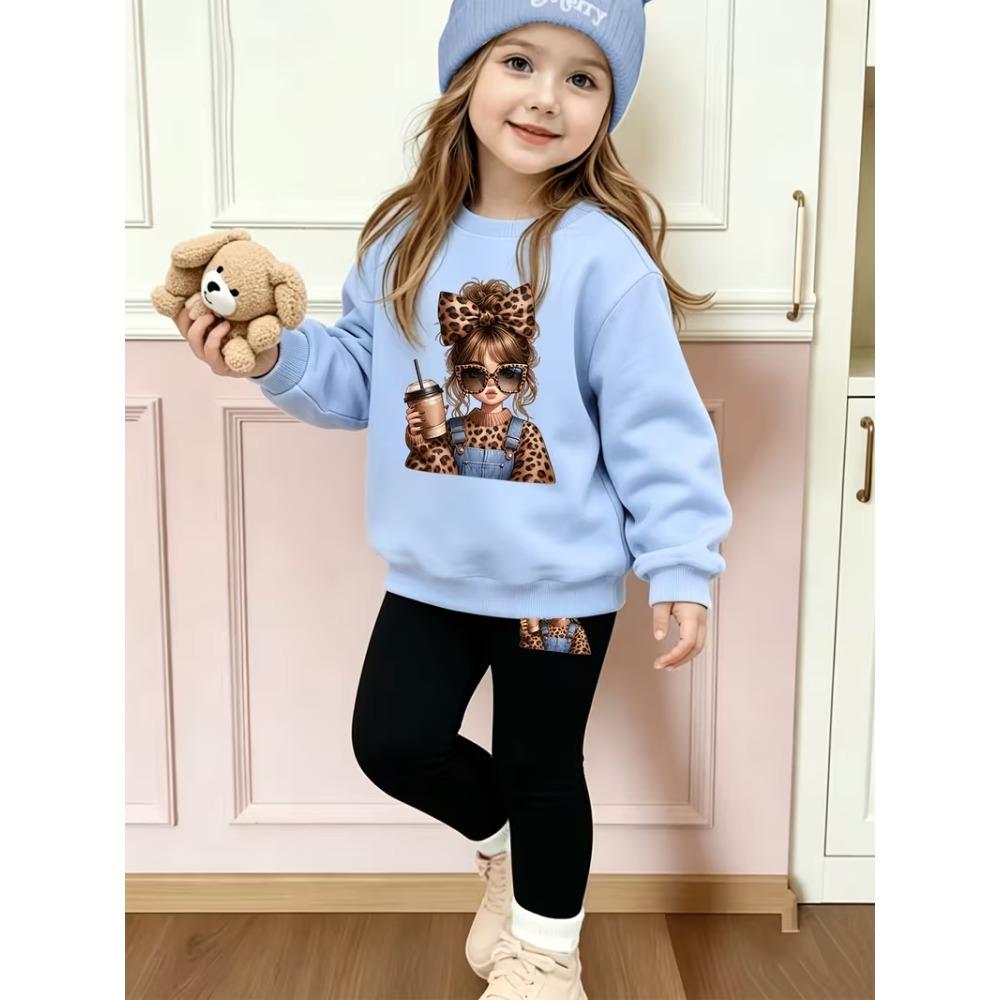 Girls' Cool Kid Graphic Casual Comfortable Soft Loose Pullover Sweatshirt and Leggings 2-Piece Set, New Autumn/Winter, Playful, Sweet and Cool Style