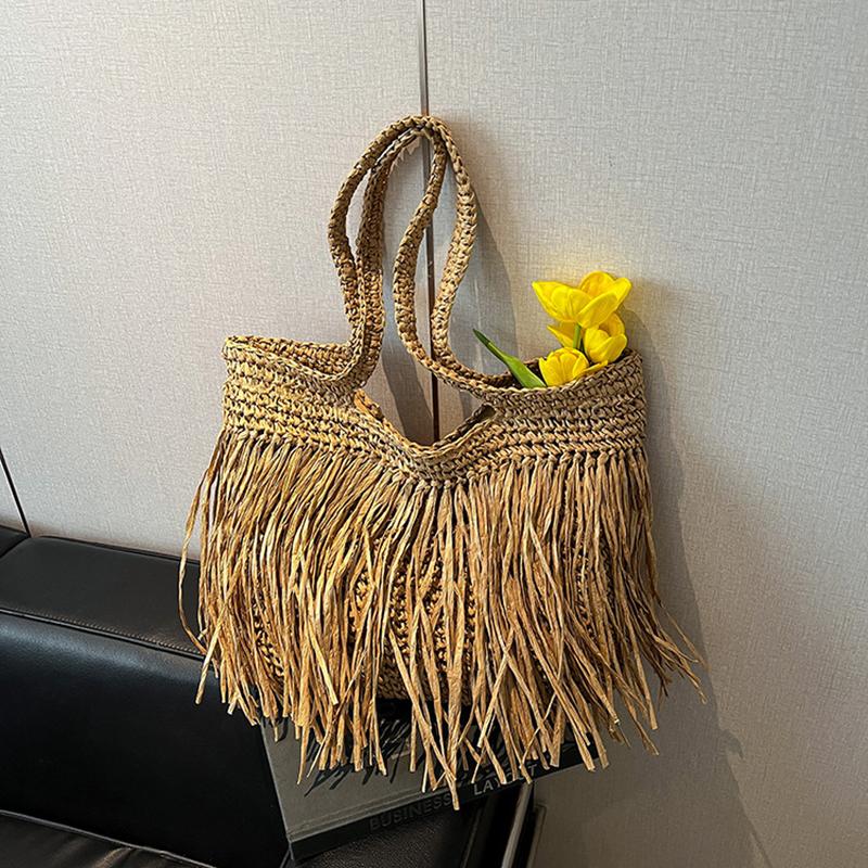 

Summer Beach Bag for Women Tassel Shoulder Bag Raffia Woven Tote Handbag Large Shopping Bag for Travel Vacation Weave Straw Bag 44x1x40cm бежевий
