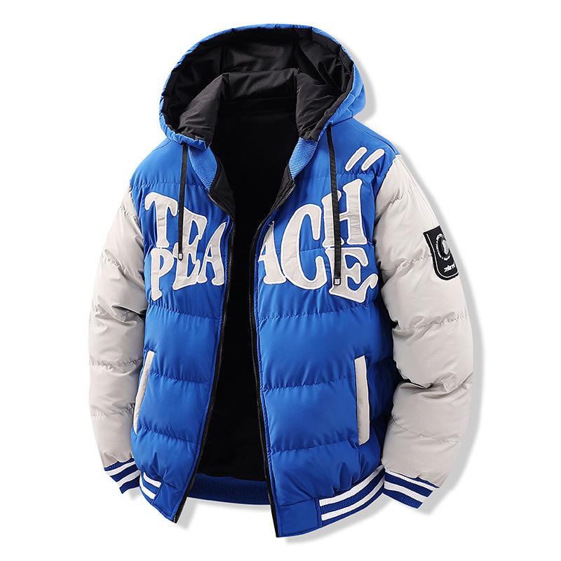 

2025 Trendy Cross-Border Cotton Jacket: Embroidered Letters, Patchwork, Stand Collar, Warm Winter Outerwear. 4XL синій