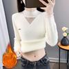 Women's Autumn Winter Half-High Neck Sweater with Integrated Fleece Fabric - Lace-Trimmed Knit Base Layer Warm Thickened Style