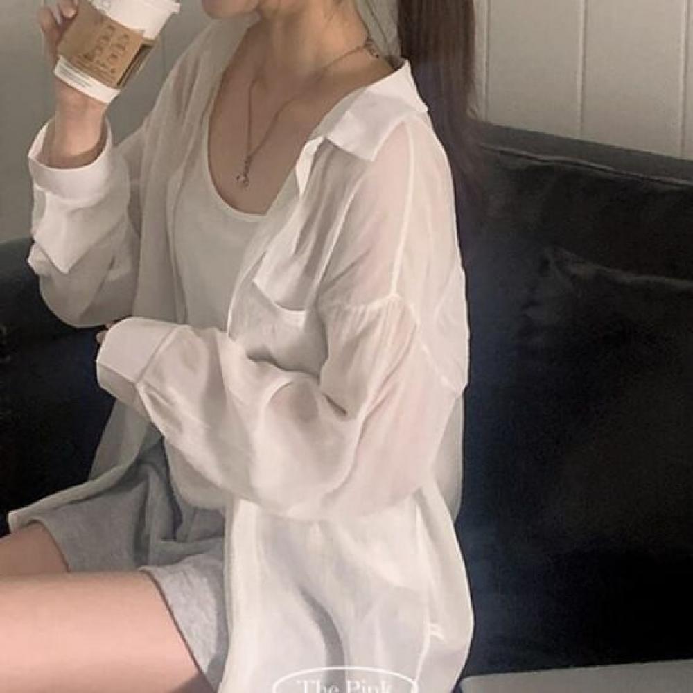 The Pink Loose Fit Sheer Shirt + Strap Camisole Set