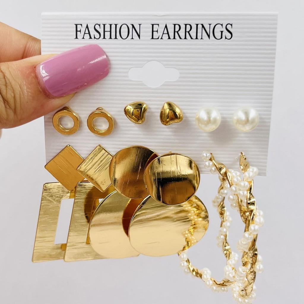 French Retro Pearl Circle Stud Earring Set - 6 Pieces for Women