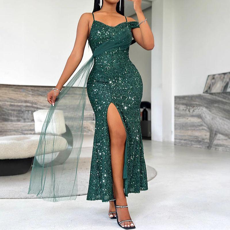 

European and American Sexy Nightclub Party dress Sling Mesh Sequins Guest dresses Women Evening Gown Dark green S